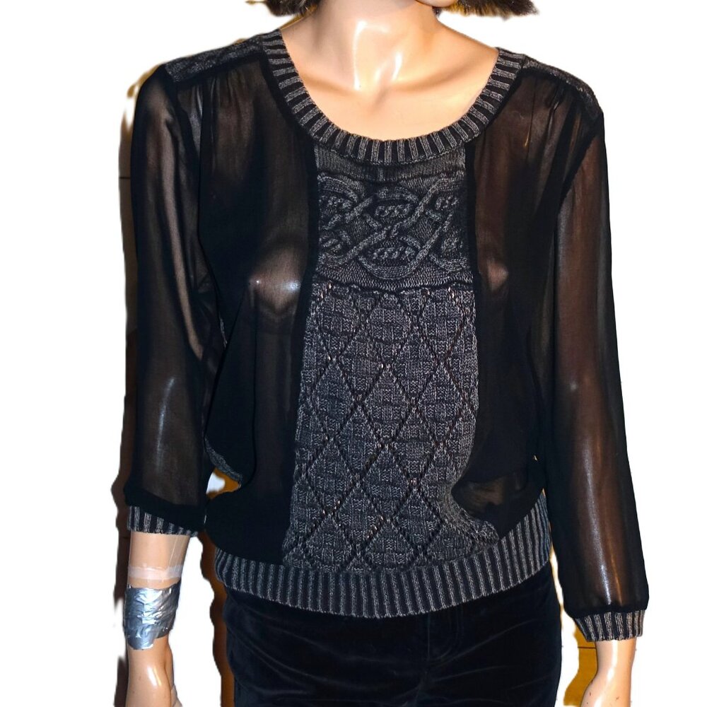 Miss Me Black Beige Sheer Sweater Blouse L